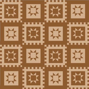 May include: A repeating pattern featuring a grid of squares in shades of brown and tan. Each square contains a starburst design. The pattern is suitable for textiles, wallpaper, or digital art.