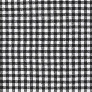 May include: A close-up of a black and white gingham fabric. The pattern consists of evenly spaced squares, creating a classic checkered design. The fabric appears to be a woven material, suitable for various sewing projects.