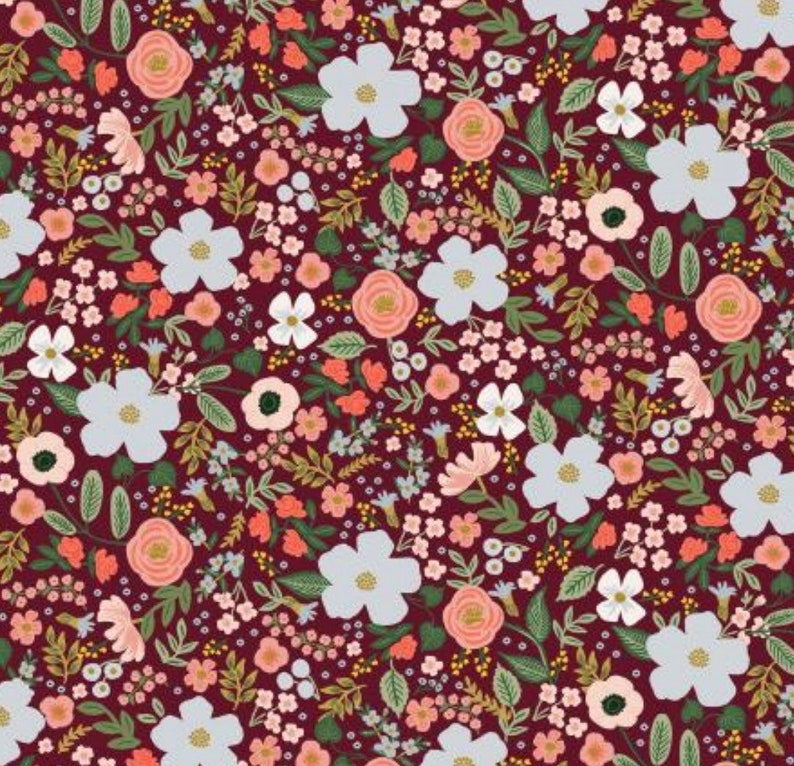GARDEN PARTY Steel Wild Rose Burgundy Metallic by Rifle Paper Co RP303-BU5M Cotton