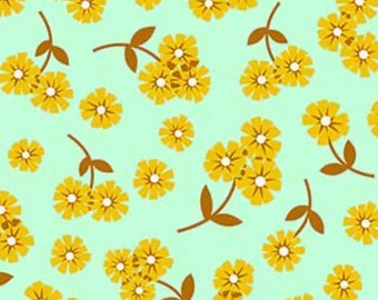 End of Bolt - 43” Butterscotch - FIGO Fabrics - Yellow Daisy Dandelion Flowers in Mint - by Dana Willard - 90182