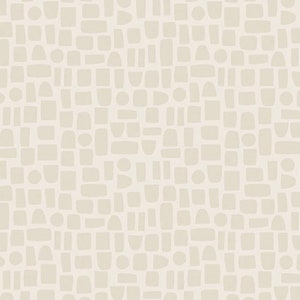 May include: A seamless pattern of abstract shapes in beige on a white background. The shapes are various sizes and include circles, squares, rectangles, and rounded rectangles.