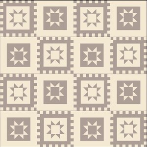 May include: A repeating pattern featuring a grid of squares. Each square contains a starburst design in a muted gray color, set against a cream-colored background. The squares are framed by a dotted border.