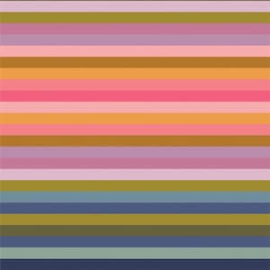 May include: A colorful abstract design featuring horizontal stripes in various shades. The palette includes pink, orange, gold, purple, green, and blue, creating a vibrant and eye-catching pattern. The artwork has a modern aesthetic.