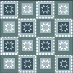 May include: A geometric quilt pattern featuring alternating starburst designs in shades of blue and green. Each square has a star in the center, surrounded by a contrasting border. The overall design is symmetrical and visually appealing.