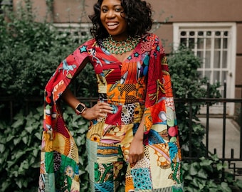 Rainbow Patchwork Jumpsuit With Cape Sleeves