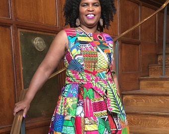 Summer Beauty African Print Handmade Patchwork Sleeveless Maxi Dress With Pockets and Sash100% Cotton