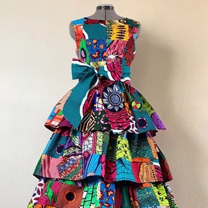 Bodacious Lush and Full African Print Tiered Dress Genuine Handmade Patchwork With Sash 100% Cotton