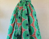 Goddess African Wax Print One Shoulder Maxi Dress 100 Cotton With Poly Lining Side Zipper and Removable Tie Sash Green Orange Print