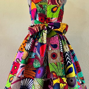 Summer Beauty African Print Handmade Patchwork Sleeveless Knee Length Dress With Pockets and Patchwork Sash 100% Cotton Colorful and cute