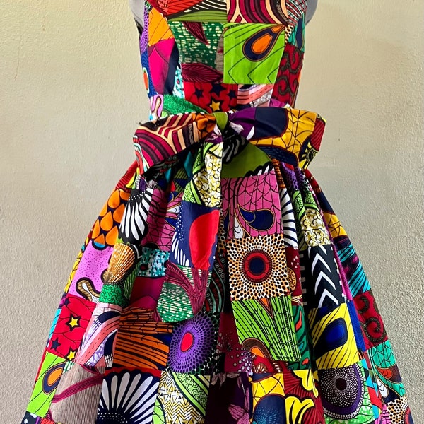 Summer Beauty African Print Handmade Patchwork Sleeveless Knee Length Dress With Pockets and Patchwork Sash 100% Cotton