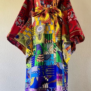 Niji African Print Handmade Patchwork Kimono Sleeve Duster With Pockets and Tie Belt 100% Cotton Genuine Patchwork rainbow colors