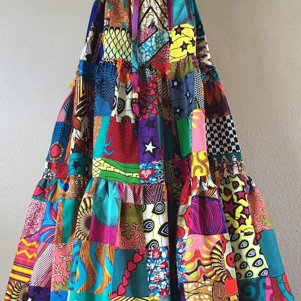 African print Patchwork Multi Print Peasant Skirt With Drawstring Waist 100% Cotton Handmade Patchwork