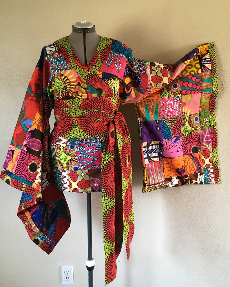 African Wax Print Patchwork Kimono Wrap Top With Wide Belt 100/% Cotton