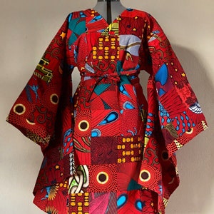 African Wax Print Patchwork Kimono Wrap Knee Length Dress With Wide Belt 100% Cotton Choose from handmade patchwork colorways