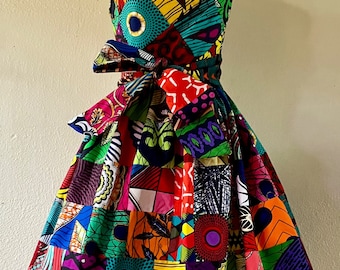 Best Seller Make a Statement African Print One Shoulder Dress 100% Cotton With Side Zipper and Removable Tie Sash Handmade Unique Patchwork