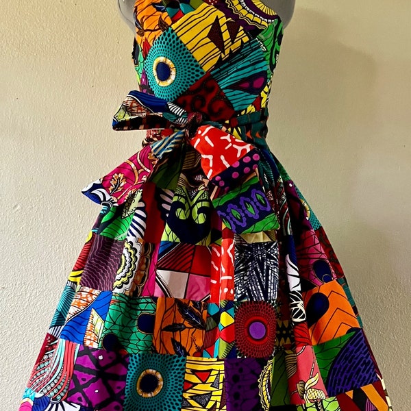 Make a Statement African Print One Shoulder Dress 100% Cotton With Side Zipper and Removable Tie Sash Handmade Unique Patchwork
