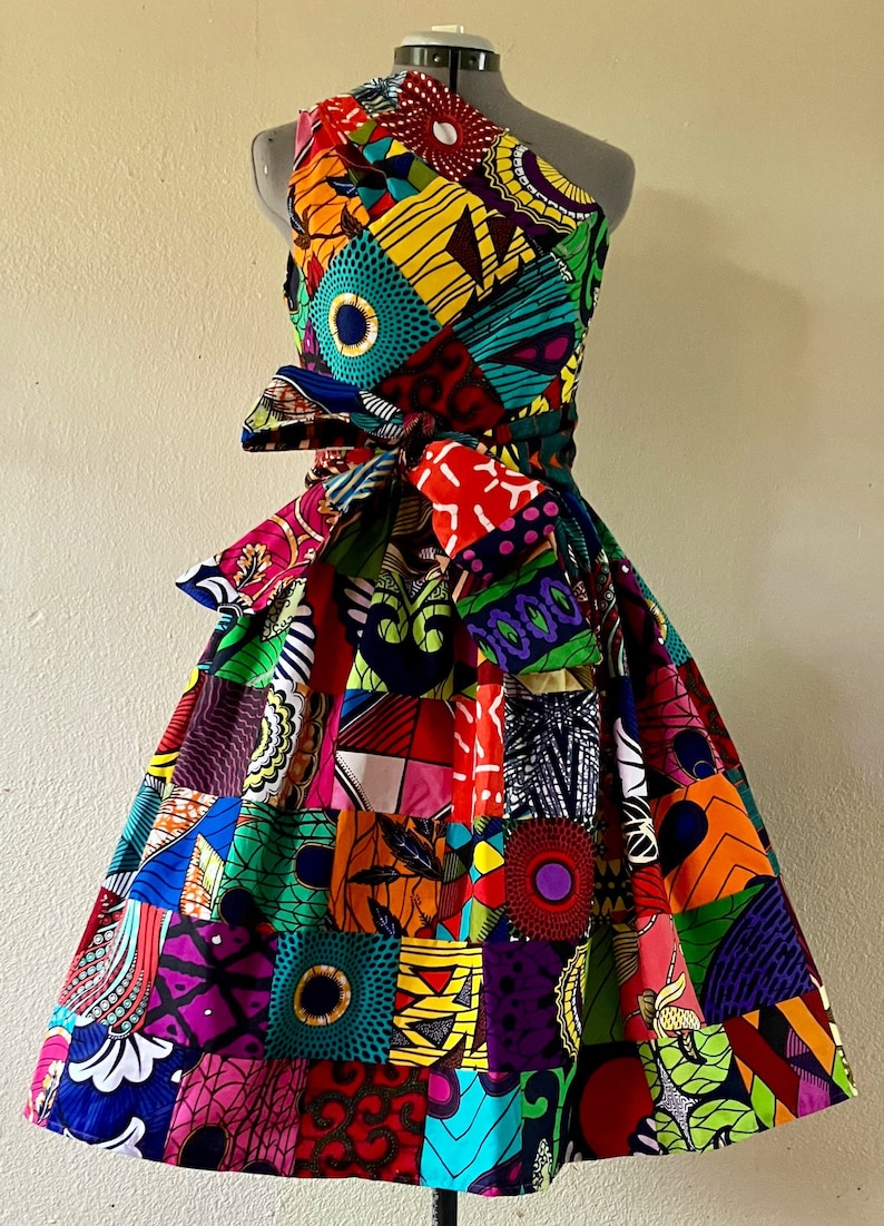 Make a Statement African Print One Shoulder Dress 100% Cotton With Side Zipper and Removable Tie Sash Handmade Unique Patchwork image 1