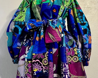 Feeling Beautiful African Print Off Shoulder Dress 100% Cotton With Side Zipper and Removable Tie Sash Handmade Unique Patchwork