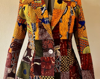 Summer Spice Oranges and Browns African Print Handmade Patchwork Fitted Woman’s Blazer With Slightly Raised Shoulders 100% Cotton