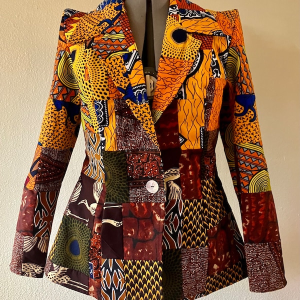 Summer Spice Oranges and Browns African Print Handmade Patchwork Fitted Woman’s Blazer With Slightly Raised Shoulders 100% Cotton