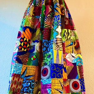 Beautiful Patchwork African Print High Waisted Maxi Skirt Fit and Flare 100% Cotton With Pockets and Tie Belt