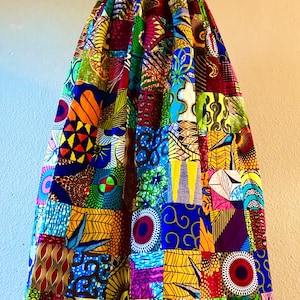 Beautiful Patchwork African Print High Waisted Maxi Skirt Fit and Flare 100% Cotton With Pockets and Tie Belt