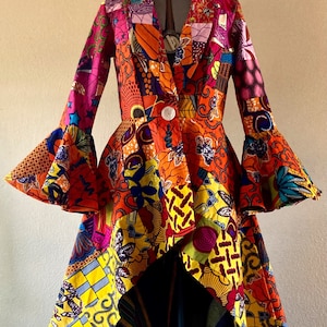 Bouquet African Print Patchwork Coat Dress high low With Flare Sleeves, Pockets and Reversible Patchwork Tie Belt Fully Lined 100% Cotton