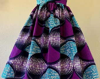 Beautiful African Wax Print High Waisted Skirt Fit and Flare With Pockets 100% Cotton Purple Aqua Black Abstract Print
