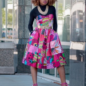 Pink Party Dress African Print Patchwork Sweetheart Dress With Pockets and Tie Belt Fully Lined With Underskirt 100% Cotton