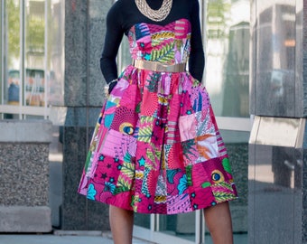Pink Party Dress African Print Patchwork Sweetheart Dress With
