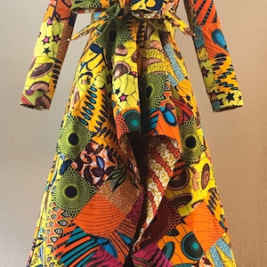African Daisy Print Handmade Patchwork Floor Length High Low Coat Dress 100% Cotton With Pockets and Belt Lined