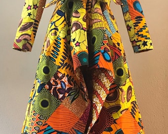 African Daisy Print Handmade Patchwork Floor Length High Low Coat Dress 100% Cotton With Pockets and Belt Lined