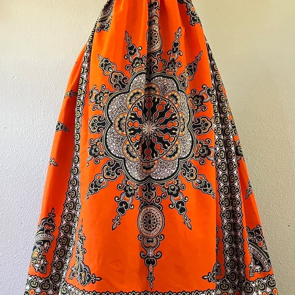 Beautiful African Wax Print High Waisted Maxi Skirt Fit and Flare With Pockets 100% Cotton Bright Orange Ornate Print