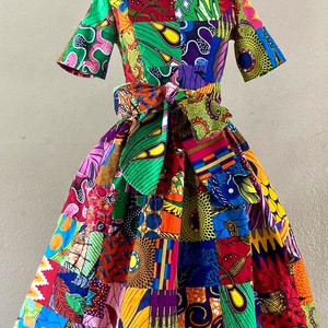 African Wax Print Genuine Patchwork Tee Top Any Length Dress With Pockets, Short Sleeves and Patchwork Sash 100% Cotton image 1