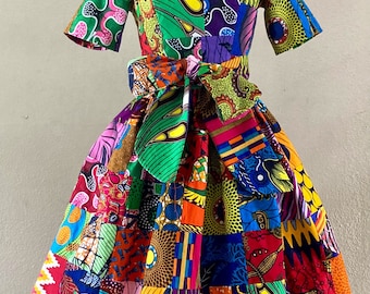 African Wax Print Genuine Patchwork Tee Top Any Length Dress With Pockets, Short Sleeves and Patchwork Sash 100% Cotton