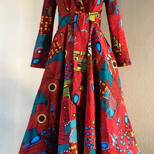 Rule in Red Glamorous African Print Patchwork Floor Length Coat in Fiery Ruby Reds Includes Pockets and Tie Belt 100% Cotton fully lined