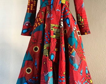 Rule in Red Glamorous African Print Patchwork Floor Length Coat in Fiery Ruby Reds Includes Pockets and Tie Belt 100% Cotton fully lined