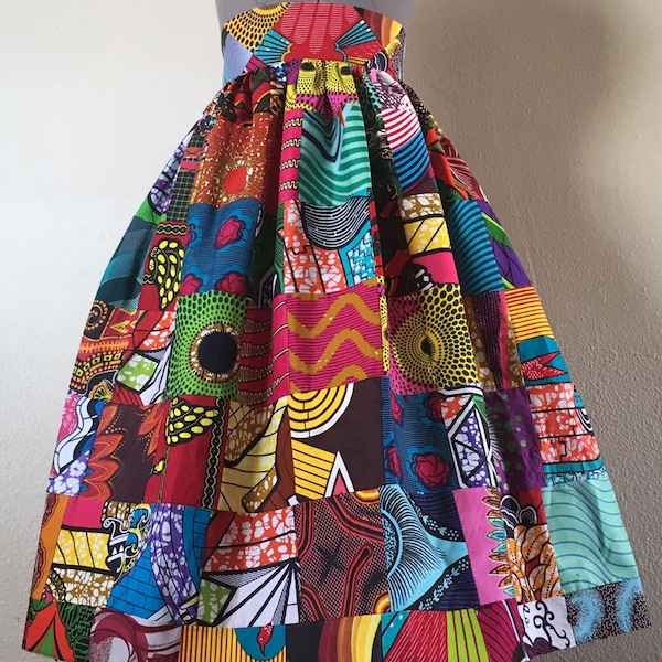 Beautiful Patchwork African Print High Waisted Skirt Fit and Flare 100% Cotton