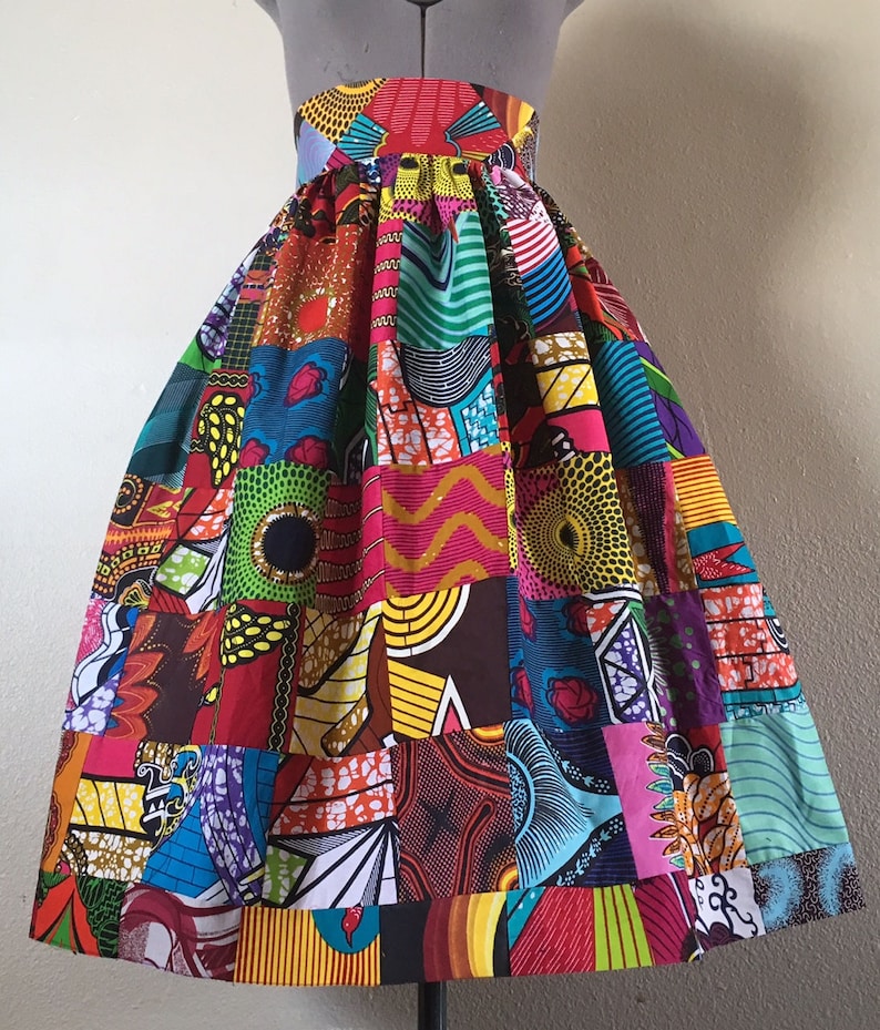 Beautiful Patchwork African Print High Waisted Skirt Fit and Flare 100% Cotton image 1