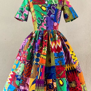 African Wax Print Genuine Patchwork Tee Top Any Length Dress With Pockets, Short Sleeves and Patchwork Sash 100% Cotton image 2