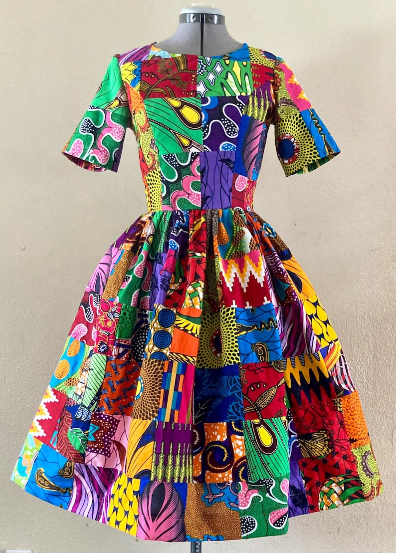 African Wax Print Genuine Patchwork Tee Top Any Length Dress With Pockets, Short Sleeves and Patchwork Sash 100% Cotton image 2