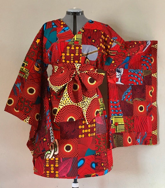 Hot Red African Wax Print Handmade Patchwork Kimono Wrap Knee Length Dress  With Wide Belt 100% Cotton