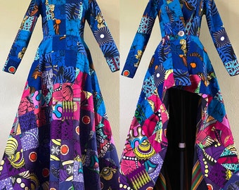 Twilight Night African Print Patchwork Floor Length High Low Coat Dress 100% Cotton With Pockets and Belt Lined