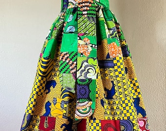 Rainbow Path Goddess African Wax Print One Shoulder Maxi Dress 100% Cotton With Side Zipper and Removable Tie Sash Handmade Unique Patchwork