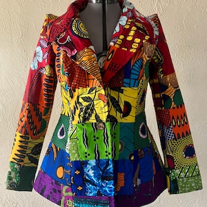 Rainbow African Print Handmade Patchwork Fitted Woman’s Blazer With Slightly Raised Shoulders 100% Cotton