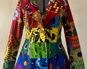 Regenbogen Afrikanischer Druck Handgefertigtes Patchwork taillierter Damenblazer mit leicht angehobenen Schultern 100% Baumwolle