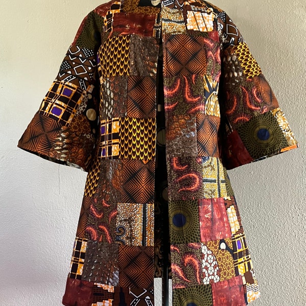 Longer Length Spicy African Wax Print Patchwork Jacket Fully Lined With Optional Tie Belt 100% Cotton