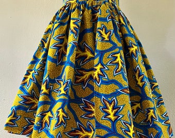 Beautiful African Wax Print High Waisted Skirt Fit and Flare With Pockets 100% Cotton Yellow/Gold Blue Red Energetic Print