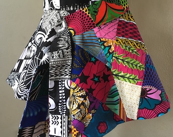 Reversible African Print Double Patchwork Color and BW  Wrap Peplum Belt Lined Ties in The Back Made Custom to Fit 100% Cotton