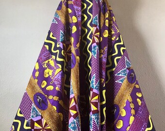 CLEARANCE 30 Inch Waist, 40 Inches Long Ready to Ship African Wax Strip Patchwork High Waist A Line Maxi Skirt With Pockets 100% Cotton